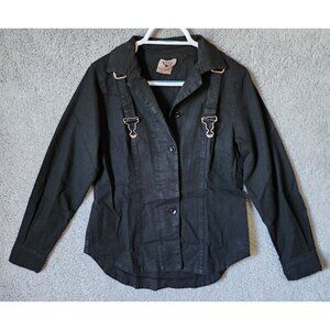 Wendy Trendy Long Sleeve Button Up Collared Top Faux‎ Overall Straps Black Sz L